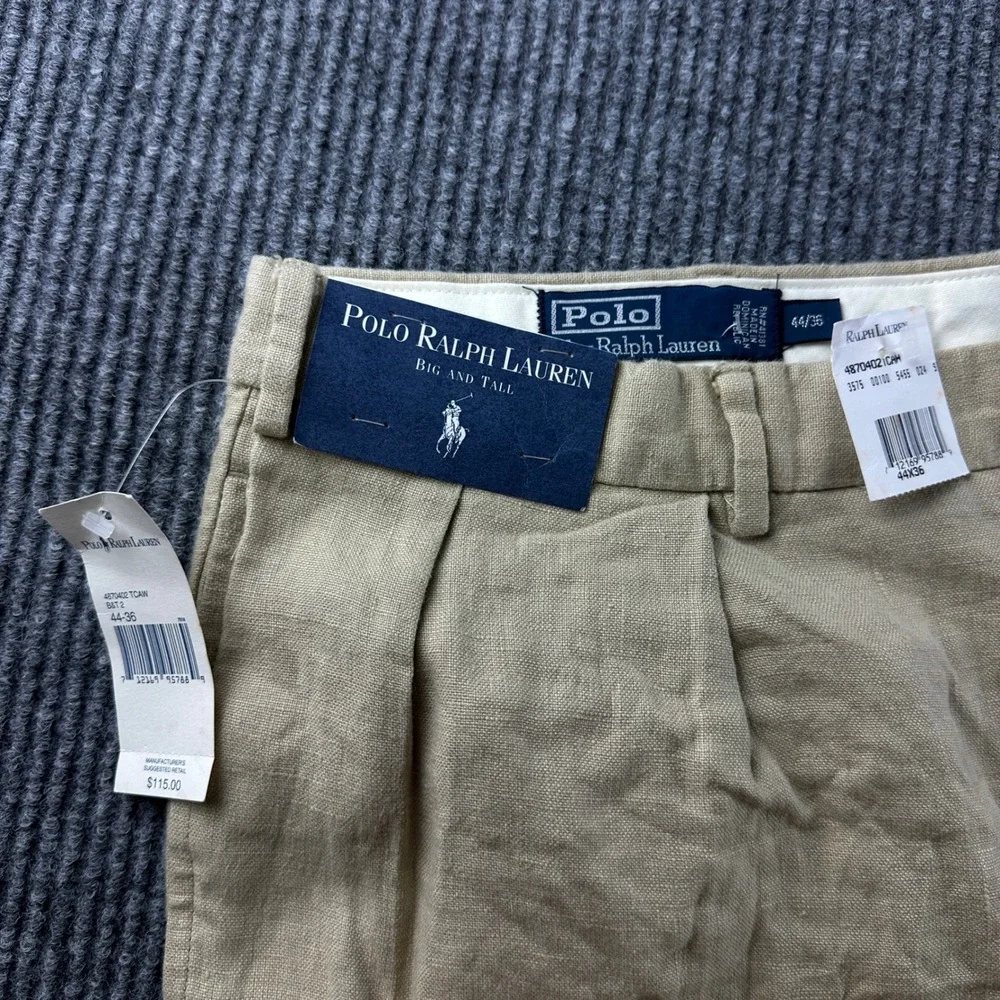 Polo Ralph Lauren Men 44x36 Tan 100% Linen Pleated Cuffed Dress Pants Big & Tall